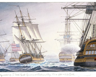 La bandera del Ranger saludada por la escuadra de La Motte Piquet en la bahía de Quiberon, el 14 de febrero de 1778. (En la portada del libro "Los barcos de John Paul Jones")