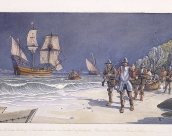 Conquistadores landing ashore on Santa Cruz Island.