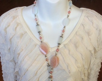 Artistic design - Multigem long combo necklace - Long necklace - Combo style necklace - Rose Quartz - Opalite - Pearl -  Gift for her