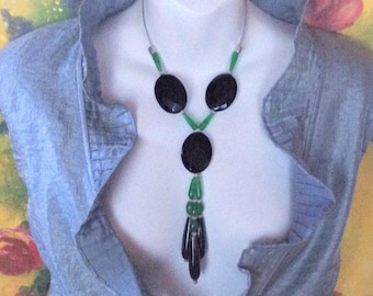 Black Green gem Y necklace, Black Green gem tassel necklace, big Obsidian necklace, gem necklace, faceted oval Obsidian, tube Agate beads