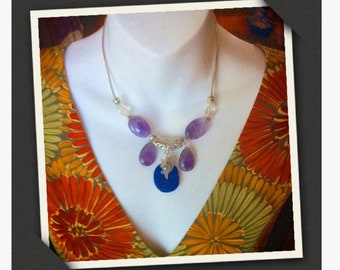 Purple bib necklace with Amethyst, Lapis Lazuli beads, Rock Crystal, beaded bib necklace, bead pendants, sacred jewelry, for enlightenment