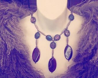 Purple gem big boho necklace, artistic design, Agate & sparkling Crystal fashionista dream beaded modern statement necklace,  her lady gift