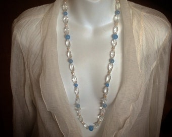 Fashionista boho gift - Blue Aquamarine/Crystal/Pearls necklace - Unique long necklace - Blue gem, Pearls,  sparkling Crystals - beaded art