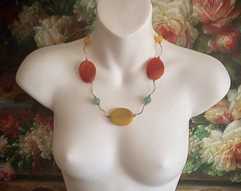 Boho Orange and Yellow gem Agate and Carnelian necklace, tiny Aventurine, and gold twisted bar spacers accented spiritual any occasion gift
