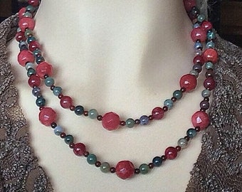 Colorful combo style beaded gem necklace that could be wearing as a long one or short double strands, women gift boho statement necklace