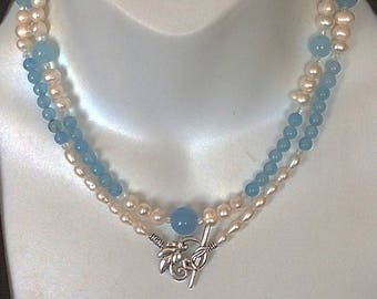 Aquamarine and Pearl combo style luxury necklace, wear as long single or double short, spiritual gem, artistic design, sophisticated gift