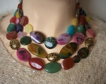 Gorgeous boho style triple bib necklace, flat colorful gemstone three strands necklace, lady gift for any occasion designer trendy necklace