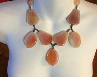 Artisan boho style statement necklace beaded with contemporary custom design & flat free form pink Copco Agate. Any occasion woman's gift