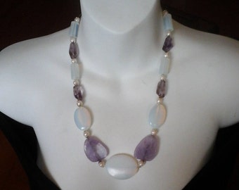 Unique Opalite necklace accented by Amethyst and Pearls, Blue and Purple together opalizing big gem necklace, pastel, mom gift, gift for her