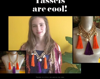 Tassels are cool! Boho Purple and Orange long Silk Tassel necklace with big Golden chain manmade Pearl balls, unique art design, modern chic