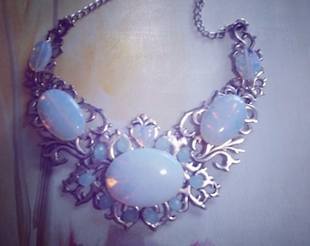 Blue Opalite bib necklace, White Gold filled necklace, big Opalite cabochon bib, delicate and royal at same time any occasion woman gift