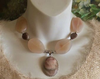 Artistic design gemstone pendant necklace with Pink Agate&Brown Jasper, big dainty beaded handmade holistic necklace any occasion woman gift