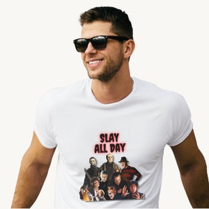 80s Classic Horror T Shirt, SLAY ALL DAY, Many Colors and Sizes,  Unisex Jersey Short Sleeve