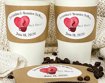 The Perfect Blend Wedding Coffee Cups With Lids ~ Wedding Coffee Bar - Wedding Coffee Favor ~ Custom Stickers ~ Coffee Sleeve Wedding Favors