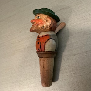 Vintage ANRI Carved and Painted Wooden Bottle Stopper, with Moveable Mouth