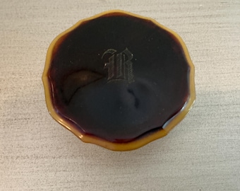 Vintage Art Deco Faux Tortoise Shell Powder Jar • 1930s Celluloid Amber Marbled Lid Clear Glass Small Vanity Boudoir Cosmetic Pot