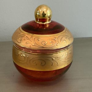 Vintage Bohemian Ruby Red Glass Lidded Candy Dish w/Gold Gilt Scrollwork