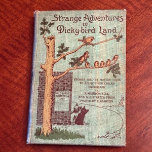 May include: A hardcover book titled Strange Adventures in Dicky-bird Land with a light green cover featuring a brown tree, several birds, and a brick wall. The text includes author R. Kearton and illustrator C. Kearton, with a Wild Birds Protection Act sign.