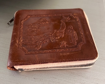 Vintage Leather Zippered Wallet with Embossed Japanese Design
