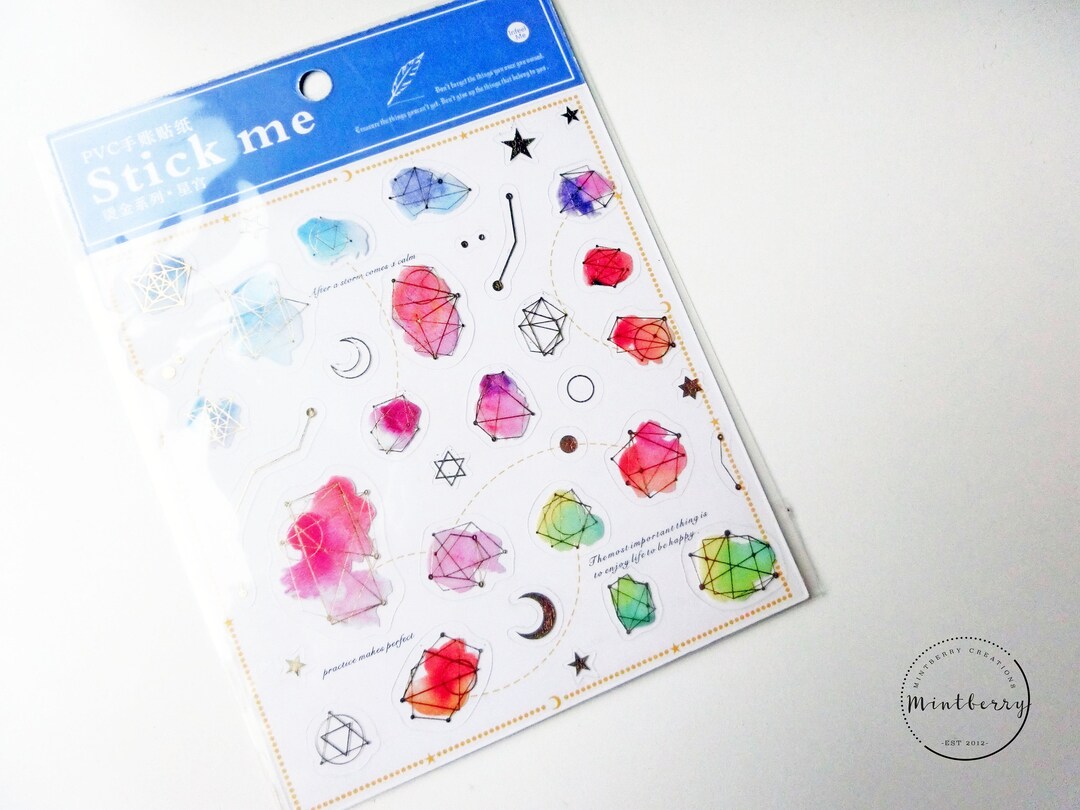 Star and Moon Stickers, Watercolor and Gold, Minimalist Geometric