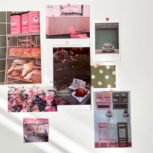 Kit de collage de mur esthétique sage vert et rose rétro, collage de photo, ensemble de carte postale de décor de mur de collage