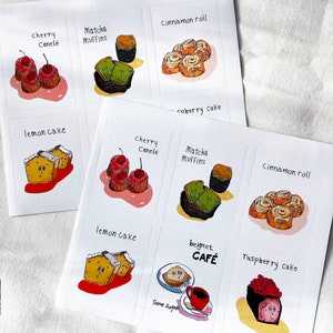Adesivos de patisserie de café francês, ilustrações de comida estilo desenhado à mão, rolo de canela, bolo, beignet canele