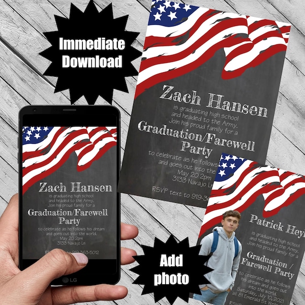 Going away and Graduation Party Invitation headed to military, US army navy airforce marines Template Editable Printable Custom DIY mobile