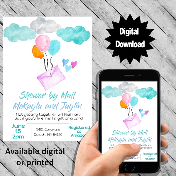 Baby Shower by mail party invitation balloons hearts and clouds girl boy gender neutral digital download design template mockup card pdf