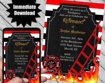 Firefighter Retirement party invitations on chalkboard download email text corjl template svg mockup card