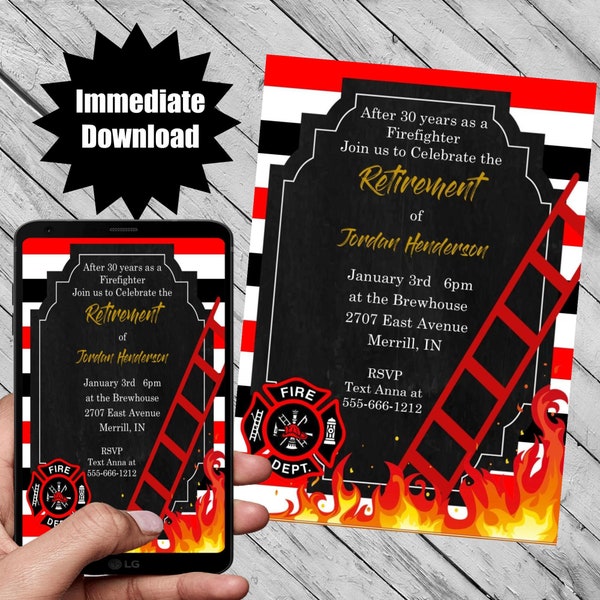 Firefighter Retirement party invitations on chalkboard download email text corjl template svg mockup card