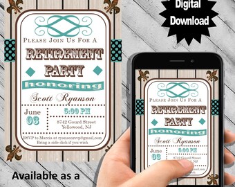 Retirement party invitations virtual rustic antique unique custom template to email, text or print digital download design