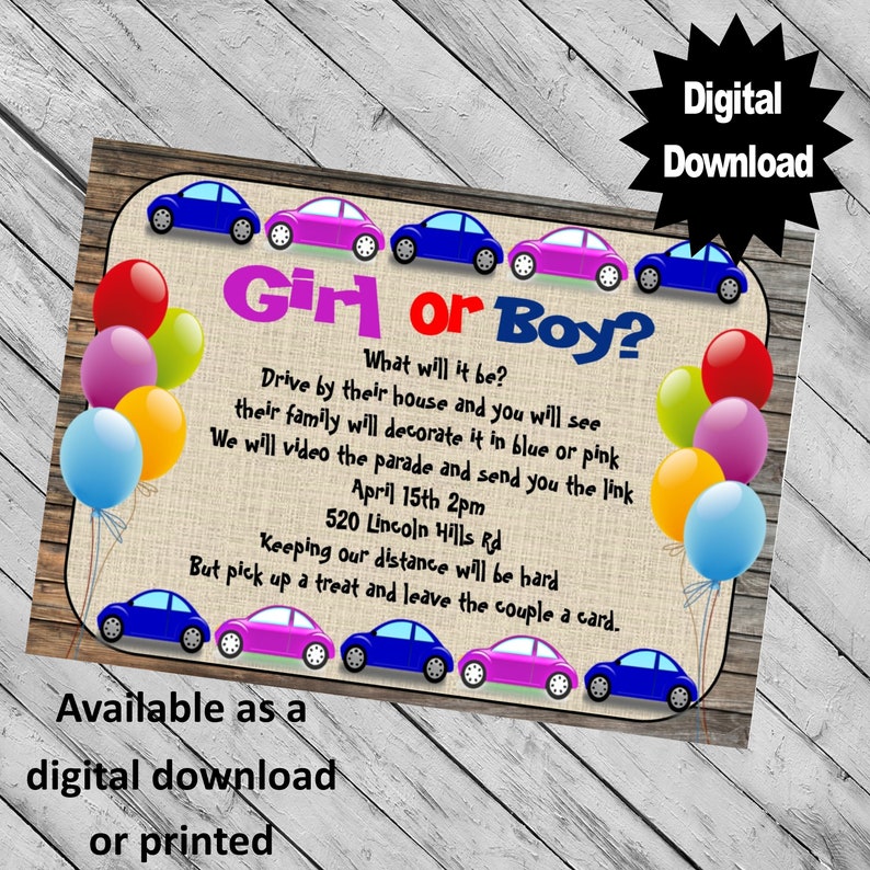 Download Drive by Gender Reveal Invitations Baby Shower digital | Etsy