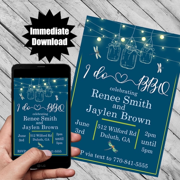 I do BBQ invite Barbeque dragonfly party invitations virtual eloping party after a wedding shower digital download design Corjl text