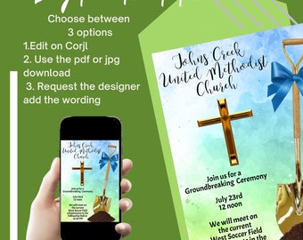 Church Groundbreaking Ceremony invitation flyer instant download editable on Corjl chapel, religious template for email text printable post