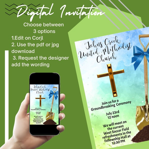 Church Groundbreaking Ceremony invitation flyer instant download editable on Corjl chapel, religious template for email text printable post