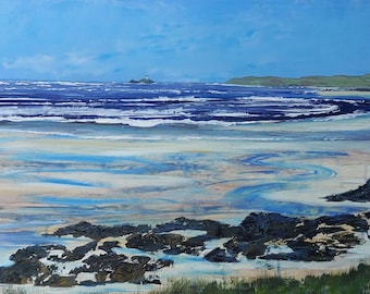 Linda pintura do Farol de Godrevy da praia de Gwithian feita sob encomenda pelo artista da Cornualha Lindsey Keates Contemporary Realism.