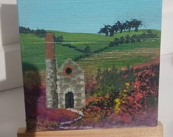 Tin Mine, pintura em miniatura de urzes rosa do artista da Cornualha Lindsey Keates Realismo contemporâneo