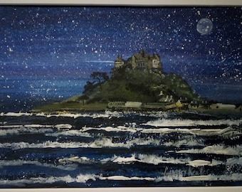 Pintura do céu noturno de St Michael em papel feita sob encomenda. Por Lindsey Keates, artista da Cornualha Realismo contemporâneo
