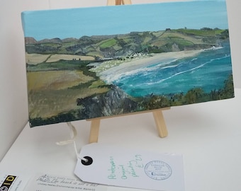Pentewan Sands Landscape painting made to order by Cornish Artist Lindsey Keates 15x30cm deep edge canvas.
