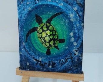 Turtle Surf mini art on easel by Cornish Artist Lindsey Keates Contemporary Realism