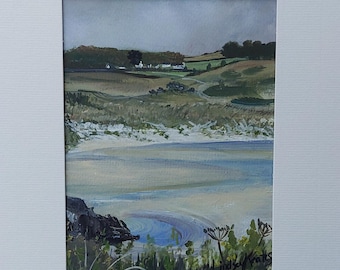 Olhando para Porth Kidney, pintura original do estuário Hayle, de Lindsey Keates, artista da Cornualha.