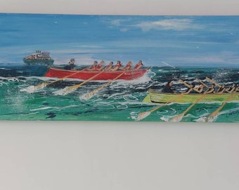 Ladies Sprints Gig Race painting original sold but made to order by Cornish Artist Lindsey Keates Contemporary Realism.