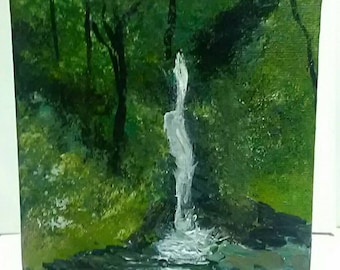 Golitha Falls, Rio Fowey, perto de Liskeard Bodmin. Mini pintura de arte original do artista da Cornualha Lindsey Keates.