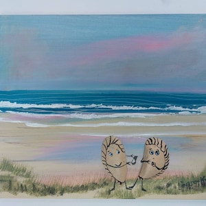 May include: A painting of two seashells on a beach with a blue ocean and pink sky in the background. The seashells have faces drawn on them and are holding a small object.