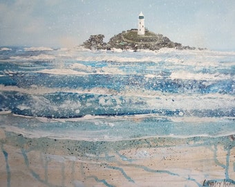 Farol de Godrevy, pintura de paisagem de belas artes feita sob encomenda pelo artista da Cornualha Lindsey Keates