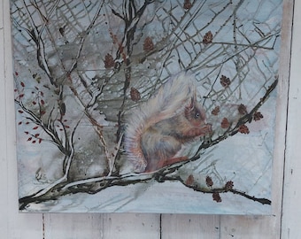 Impressionante pintura de arte de esquilo vermelho. Semi-abstrato do artista da Cornualha Lindsey Keates Realismo contemporâneo.