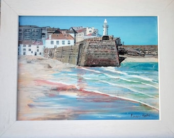 Maré recuando Smeaton Pier St Ives pintura feita sob encomenda pelo artista da Cornualha Lindsey Keates Realismo Contemporâneo