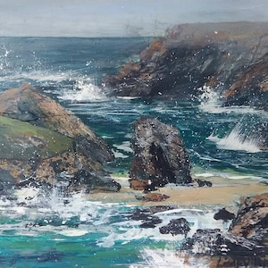 May include: A painting depicting a rocky seascape with crashing waves. The water is a deep blue-green colour, and the rocks are a dark grey. The painting is executed in a realistic style.