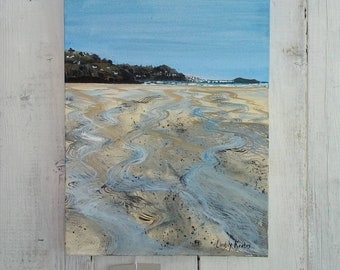 Maré recuando, Baía de Carbis, aquarela original feita sob encomenda pelo artista da Cornualha Lindsey Keates Realismo Contemporâneo