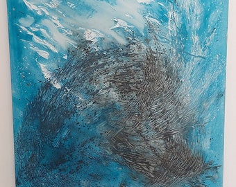 Shoal Frenzy Blue semi abstract painting by Cornish Artist Lindsey Keates Contemporary Realism